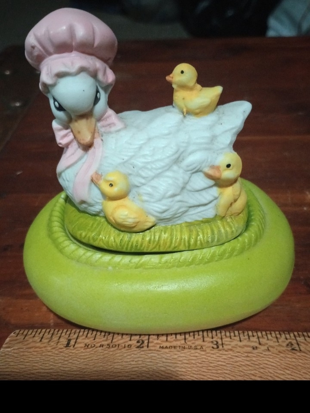 Decorative White Duck Figurine with Yellow Chicks - Pink Bonnet